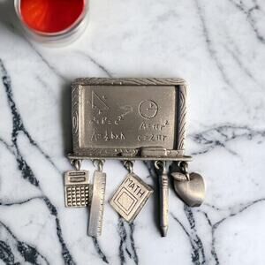 Vintage Math Teacher Brooch Pin Art Silver Tone Blackboard School Charms